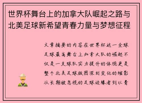 世界杯舞台上的加拿大队崛起之路与北美足球新希望青春力量与梦想征程