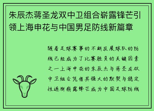 朱辰杰蒋圣龙双中卫组合崭露锋芒引领上海申花与中国男足防线新篇章 朱辰杰蒋圣龙双中卫组合崭露锋芒引领上海申花与中国男足防线新篇章